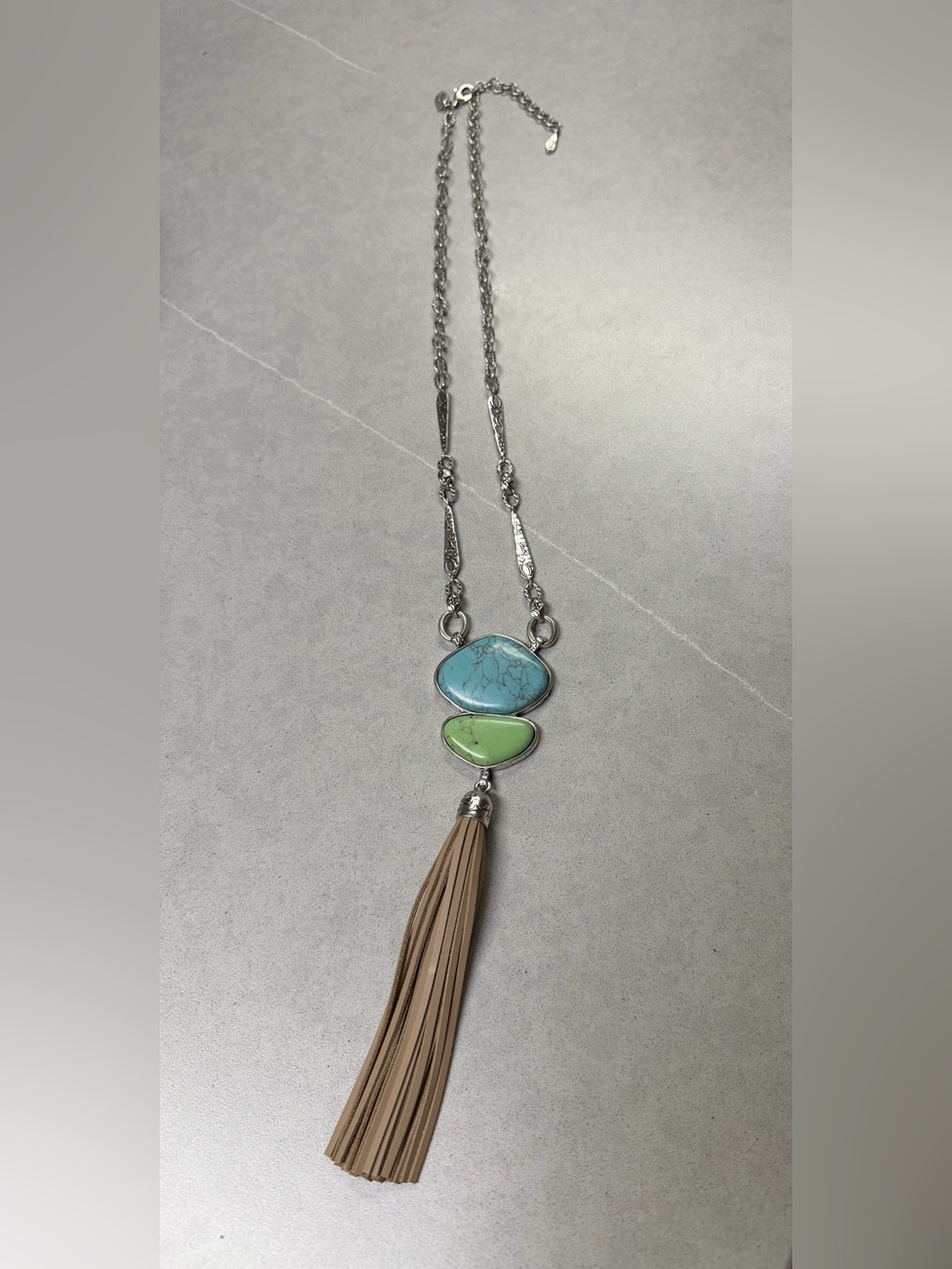 Chico's Silver Chain Necklace with Turquoise & Green Stones and Tan Tassel